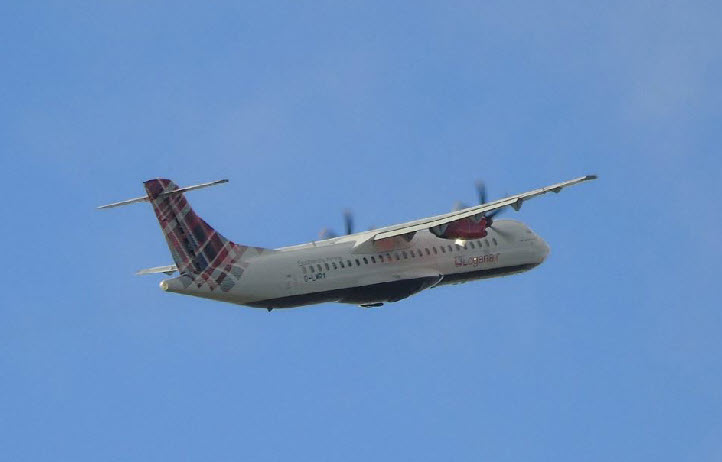Loganair jet plane taking off from Stornoway Airport