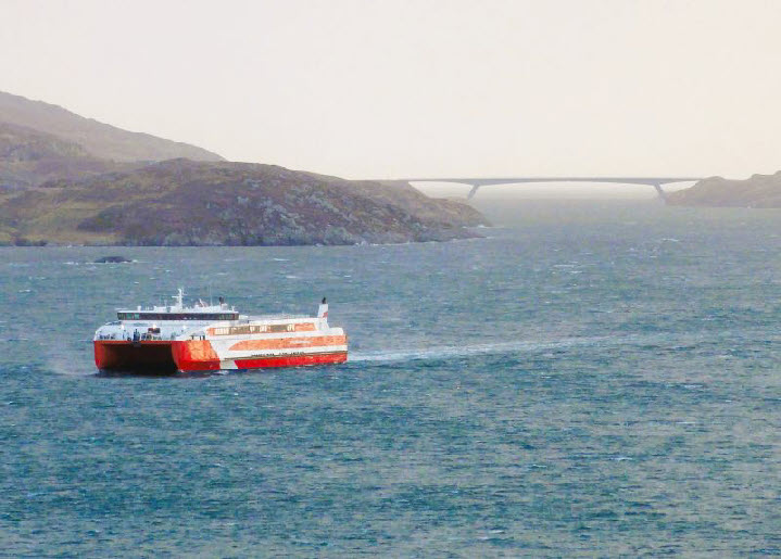 Pentland Ferries' MV Alfred passing Scalpay Bridge off Harris while on CalMac charter  